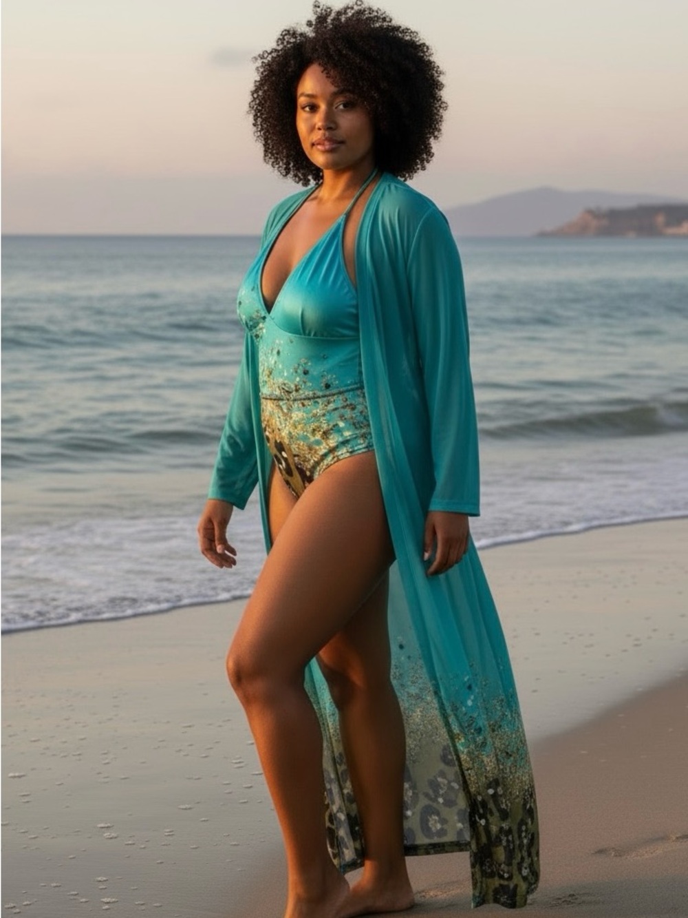 Xpluswear Long Sleeve Swimsuit Cover Turquoise with Olive Leopard Print Size XXL
